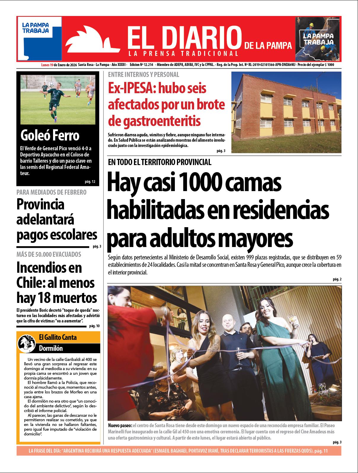 Tapa de El Diario en papel  lunes 19 de enero de 2026